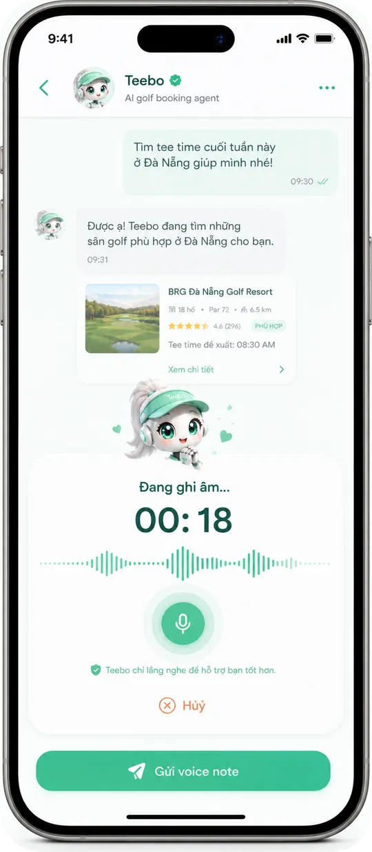 Màn hình ghi âm: Teebo đang nghe golfer nói yêu cầu đặt sân